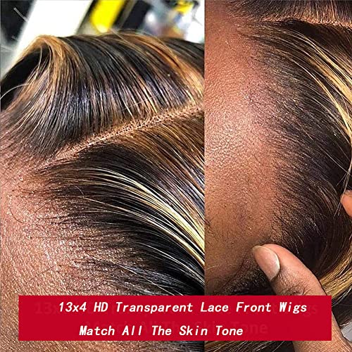 Highlight Ombre 13x4 Body Wave HD Lace Front Wig Human Hair Pre Plucked Transparent 4/27 Honey Blonde lace frontal Wigs with Baby Hair 150% Density Colored 22 Inch