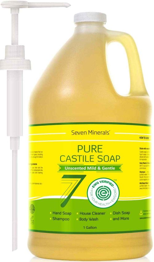 Seven Minerals EWG Verified Castile Soap - 1 Gallon, No Palm Oil, Unscented Mild & Gentle Skin Cleaning, For Sensitive Skin, Baby Wash, Soothing, Non GMO & Vegan Formula with Organic Carrier Oils