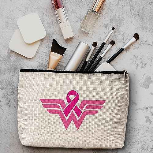 AWSICE Breast Cancer Awareness Makeup Bag Super hero Cancer Support Gift For Women Pink Ribbon Breast Cancer Survivor Gift For Women Patients Survivors-A16