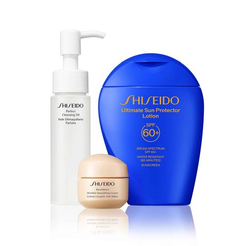 Shiseido Active Sun Protection Set - Includes Ultimate Sun Protector Lotion SPF 60+ (150 mL), Perfect Cleansing Oil (40 mL) & Benefiance Wrinkle Smoothing Cream (15 mL) - $81 Value