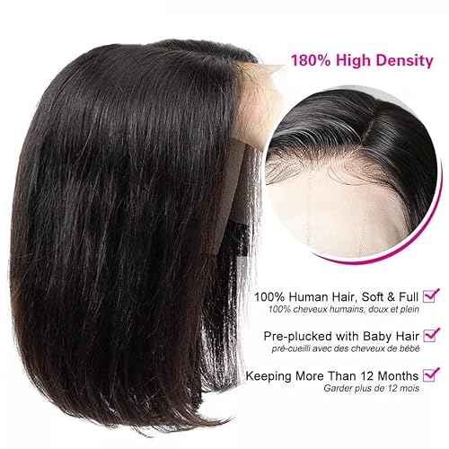 Straight Bob Wig Human Hair 13x4 HD Frontal Lace Wig Short Bob Wigs for Women Glueless Bob Lace Front Wigs Human Hair Pre Plucked 150% Density Natural Black Color 12Inch