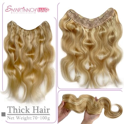 100G Clip in Real Human Hair Extensions - 22Inch Balayage Chestnut Blonde to Platinum Blonde Ombre - 3/4 Full Head One Piece Clip Ins - V Shape Invisible Curly Clip on Hair Extensions