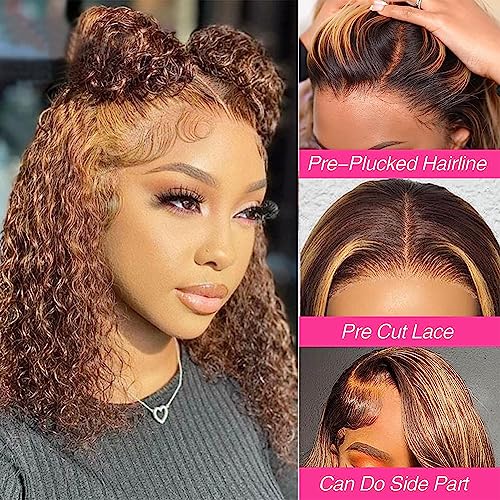 16 Inch Highlight Blonde Wear and Go Glueless Curly Bob Wig Human Hair Pre Plucked, 4/27 Water Wave No Glue wigs,Pre cut HD Lace Front Wigs Human Hair for Women 200% Density
