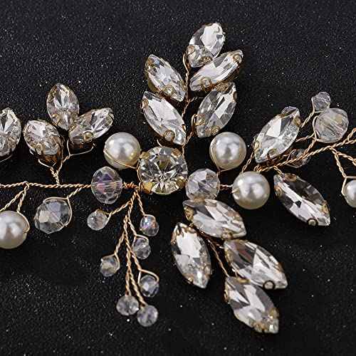 Teyglen Wedding Bride Rhinestones Pearls Crystal Headband Hair Vine Handmade Bridal Headband Wedding Hair Accessories for Brides Hair Pieces Headpieces for Women(Gold)