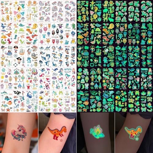 Temporary Tattoo for Kids,400 Pcs Mix Style Glow in the Dark Tattoos Kids Stickers Luminous Party Supplies with Animal/Dinosaur/Mermaid/Unicorn/Space/Butterfly/shark Stickers for Boys Girls 573