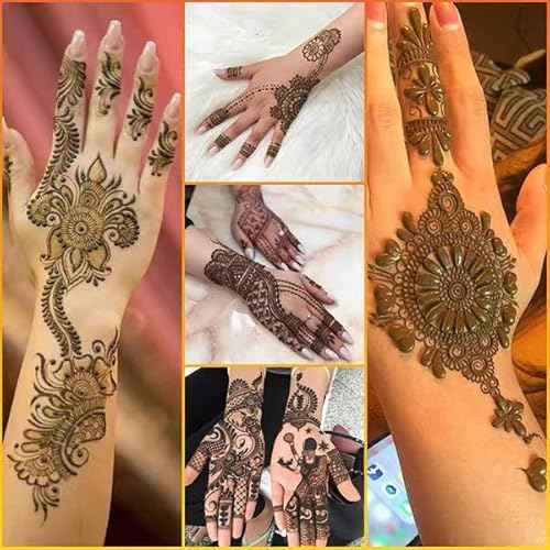 Temporary Tattoo kit£¬4Pcs Tattoo Cones,100% Natural Ready to Use Black Tattoo Paste, India Body DIY Art Painting for Women Men Kids with 20 Adhesive Stencils, 1 Bottle, 4Nozzles