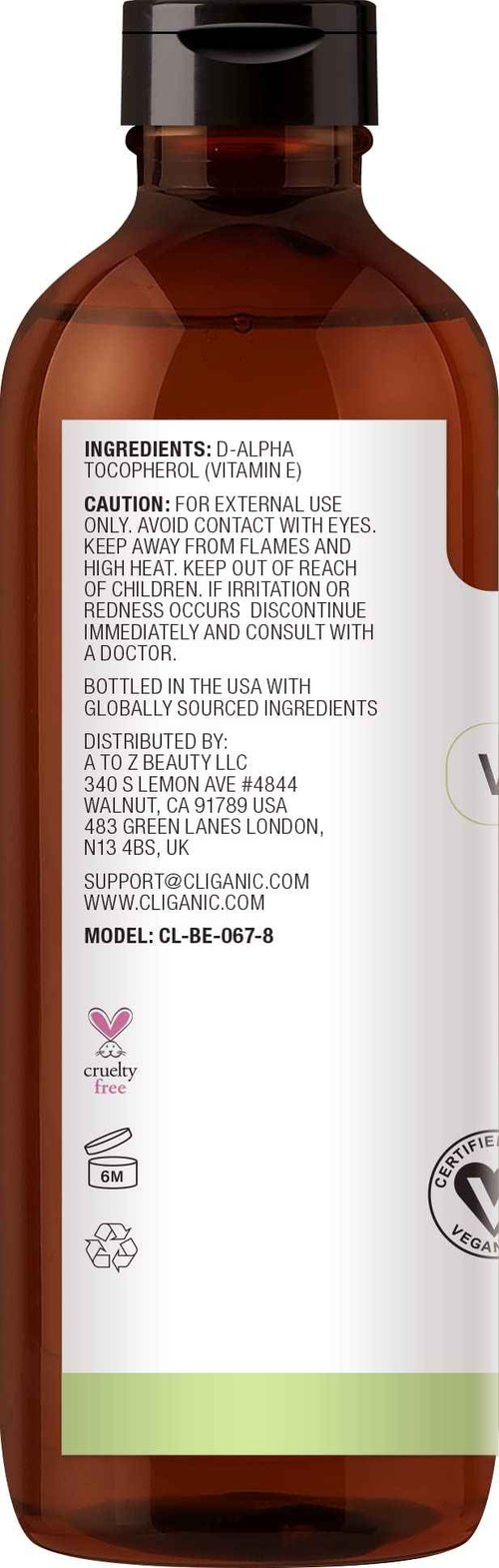 Cliganic Pure Vitamin E Oil for Skin, Scars, Hair & Face 240,000 IU (8oz), Non-GMO Verified | Natural D-Alpha Tocopherol
