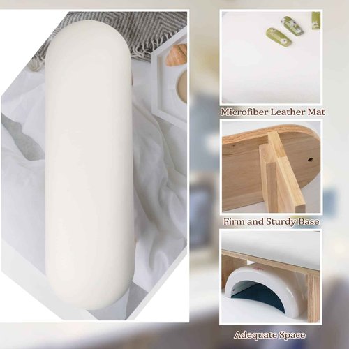 Arm Rest for Nails Professional Microfiber Leather Nail Arm Rest Cushion with Soft High-Density Sponge Solid Wood Table Non-Slip Manicure Hand Rest Stand Nail Supplies for Nail Techs (White)