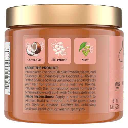 SheaMoisture Define & Shine Styling Gel + Flaxseed Coconut&Hibiscus Hydrates,Holds Your Style All Day Infused With Glycerin,Coconut Oil an Invigorating Sweet Scent ParabenFree Frizz Control Gel 15OZ