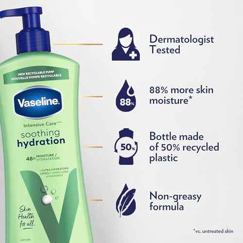 Vaseline Intensive Care Body Lotion for Dry Skin Soothing Hydration Lotion Made with Ultra-Hydrating Lipids + 1% Aloe Vera Extract to Refresh Dehydrated Skin 20.3 oz, Pack of 3 (packaging May Vary)
