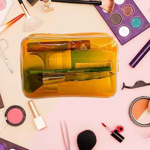 Neon Clear Pouch Small Makeup Bag, 7"x2.3"x4.7" Size TSA Approved Toiletry Bag, PVC Travel Bags for Toiletries, Clear Cosmetic Bag for Women and Men Small (Pink)