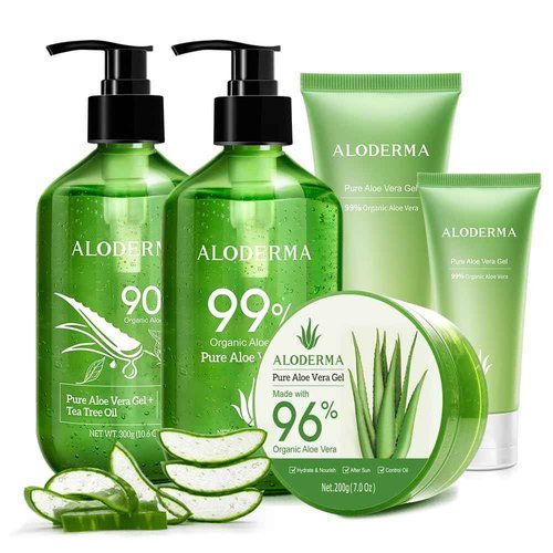 All Purpose Aloe Vera Gels Set - 6 Pieces - 300g Aloe Vera Gel, 300g Aloe Vera Gel + Tea Tree Oil, 2pcs x 200g Aloe Vera Gel, 114g Aloe Vera Gel & 45g Aloe Vera Gel