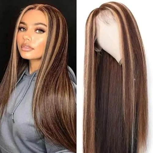 Straight Highlight Ombre Lace Front Wigs Human Hair 13x4 HD Transparent 4/27 Honey Blonde Lace Frontal Wigs Pre Plucked with Baby Hair 150% Density (22 inch, p4/27 Highlight)