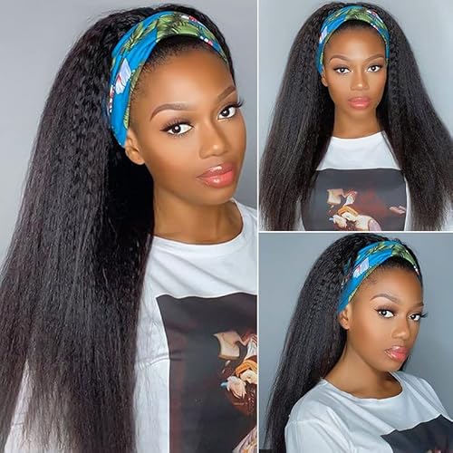 Headband Wig Human Hair Kinky Straight 20 Inch Glueless None Lace Front Wigs for Black Women Headband Half Wigs 180% Density Natural Color
