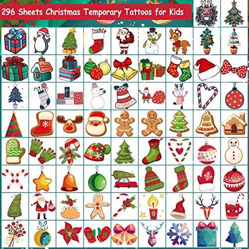 Christmas Temporary Tattoos for Kids - 296 PCS Christmas Individual Tattoos for Kids Christmas Xmas Party Favors, Stocking Stuffer, Christmas Eve Gift