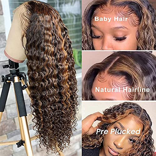 BLY Highlight Human Hair Lace Front Wigs Deep Wave #4/27 Ombre Colored Glueless Wigs Pre Plucked 16 Inch 4x4 Transparent Curly Water Wave Lace Wig Honey Blonde Real Human Hair 180% Density