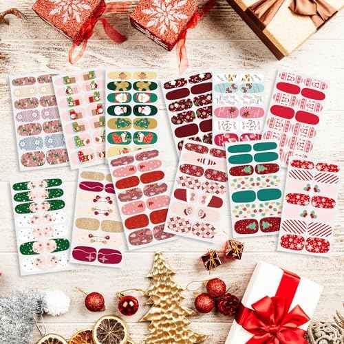 DANNEASY 24 Sheets Christmas Nail Wraps Cute Holiday Nail Polish Stickers Stick on Nail Polish Strips Self Adhesive Gel Fingernail Stickers Nails for Women with Nail File, Cuticle Stick