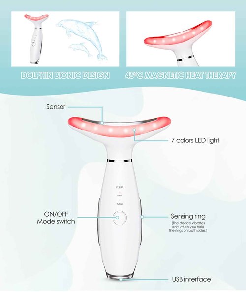 ELISHINE 7 Color Neck Face Massager - Facial Massager Tool for Skin Care at Home, Vibrating Face Massager with Thermals, Galvanic Machines White