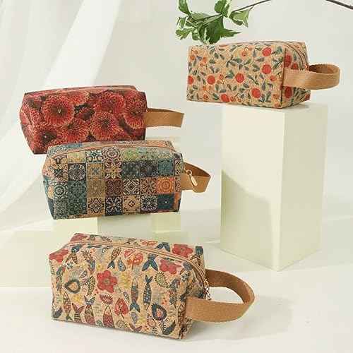 Cute Cork Printing Makeup Bag Small Cosmetic Bag, Aesthetic Pencil Pouch Toiletry Period Bag for Women Travel Accessories (Red Fruit)