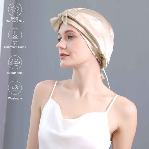 100% Mulberry Silk Bonnet for Sleeping Women, 22 Momme Grade-6A Double Layer Silk Hair Wrap for Hair Care with Elastic Stay On Head