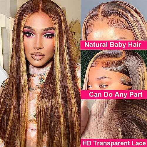 28 Inch Highlight Ombre Lace Front Wig Human Hair Pre Plucked 13x4 Colored 4/27 HD Lace Frontal Human Hair Wigs with Baby Hair 180% Density Honey Blonde Straight Lace Front Wigs Human Hair
