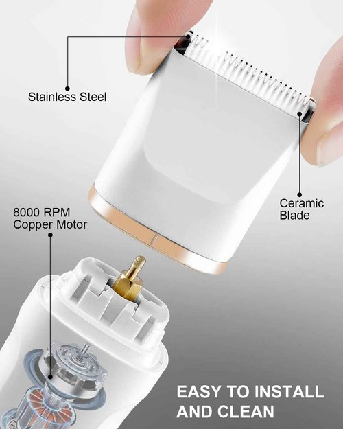 AREYZIN Bikini Trimmer for Women Painless Electric Razor for Women,3 in 1 Pubic Hair Trimmer,USB Recharge Dock,Replaceable Ceramic Blade Heads,IPX7,White