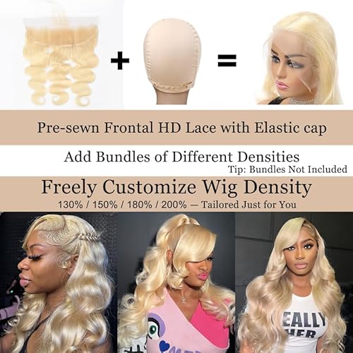 Pre-sewn 13x4 Frontal HD Lace with Elastic Cap ? Body Wave Human Hair Frontal with Baby Hair, Bleach & Dye Friendly, Beginner Friendly 14 Inch 613 Blonde