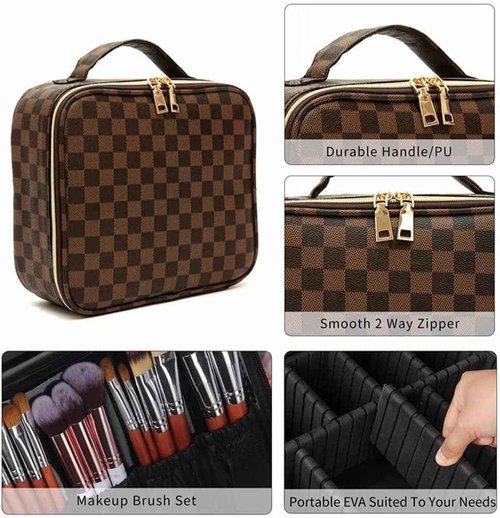 bopomofo Checkered Makeup Bag - Spacious Travel Cosmetic Organizer with Adjustable Compartments | Waterproof PU Leather Toiletry Bag for Women | Stylish Gift for Christmas, Birthdays, Valentine’s Day