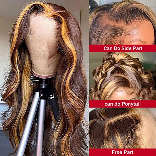 Highlight Ombre 13x4 Body Wave HD Lace Front Wig Human Hair Pre Plucked Transparent 4/27 Honey Blonde lace frontal Wigs with Baby Hair 150% Density Colored 22 Inch