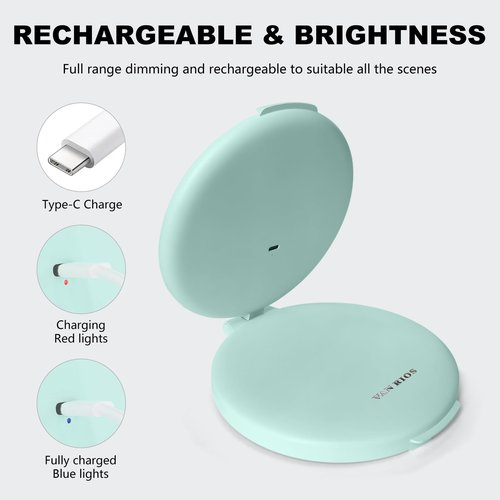 VANRIOS 6.3 Inch Rechargeable Folding 10x Magnification Double Sided Makeup Mirror with Lights, Portable Travel Mirror for Women with Nearsightedness | Travel Essentials for Women
