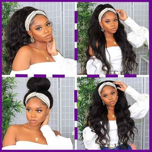 Headband Wigs for Black Women Human Hair Body Wave Head Band Wig 100% Brazilian Raw Human Hair Wear and Go Glueless Half Wigs 150% Density Machine Made Natural Color
