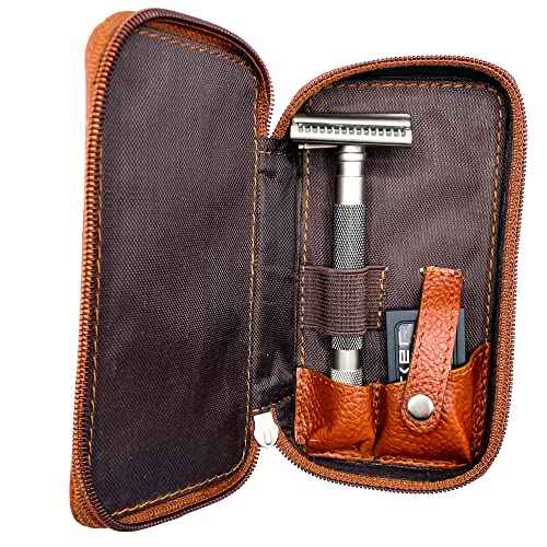 Parker Saddle?Brown Leather Double Edge Safety Razor Case with Blade Compartment ? Zip Travel Pouch