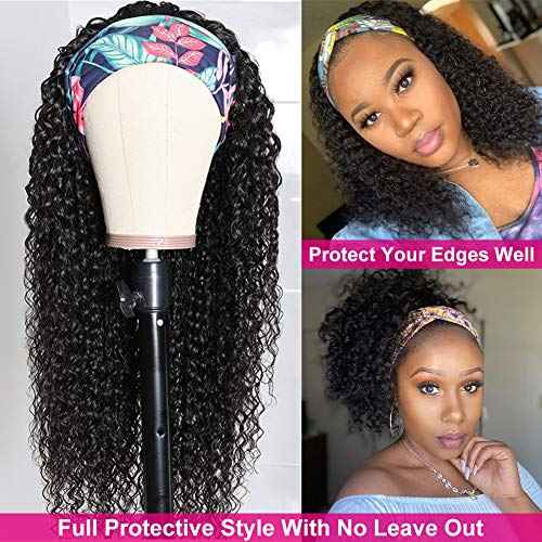 Eooma Curly Headband wig Human Hair 16 inch No Gel Kinky Curly Headband Wigs for Black Women 180 Density Scarf None Lace Front Wigs Human Hair