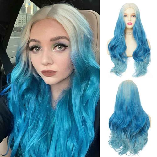 Dai Cloud Blonde Blue Long Curly Wigs for Women 26 Inch Wavy Synthetic Middle Part Colourful Hair Wigs for Halloween Cosplay Use