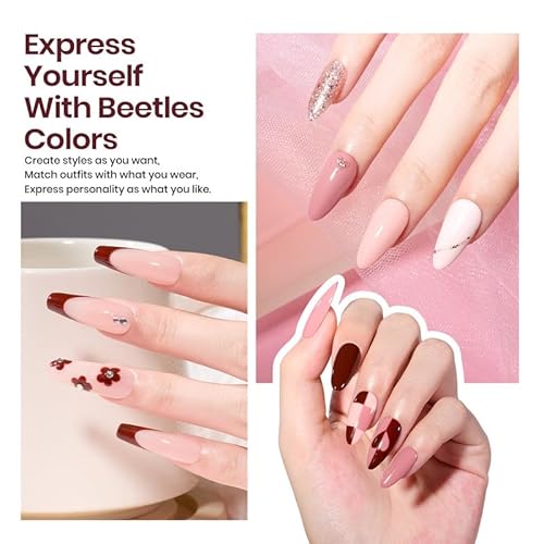 Beetles Gel Nail Polish Kit with U V Light, 6 Colors Starter Kit Pink Nude White Glitter Gel Polish with Base Gel Top Coat Cuticle Oils Nail Accessories for Girls Women Winter Christmas Gifts