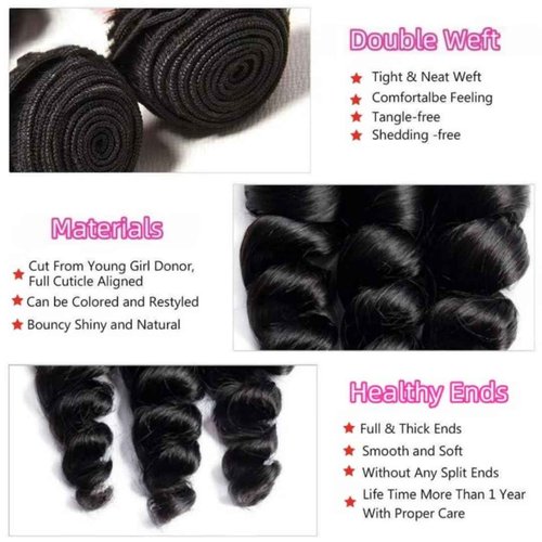 Ladiaryf Loose Wave Bundles Human Hair Short Brazilian Virgin Human Hair Loose Wave Natural Black Color Can Be Dyed and Styled 3 Weave Bundles Total 300g 12 14 16 Inch