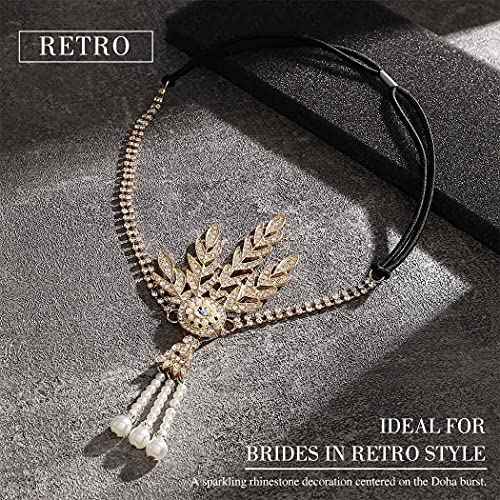 GORTIN 1920's Flapper Headband Leaf Rhiestones Headpiece Pearl Tassel Headdress Bride Wedding Head Bands Bridal Flapper Hair Accessories Head Chain for Women and Girls (Gold)