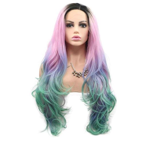 Melody Pink Green Ombre Synthetic Lace Front Wigs With Dark Roots Middle Part Long Wave Wigs for Women 180% Density Half Hand Tied Heat Resistant Fiber Hair Gift for Christmas Halloween 24''