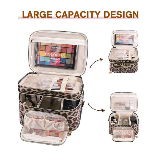 FITINI Double Layer Travel Makeup Bag,Women Cosmetic Organizer Case,Skin Care Essentials Toiletries Bags with Shoulder Strap Waterproof Brush Storage with Removable Dividers,Extra Large Brown Leopard