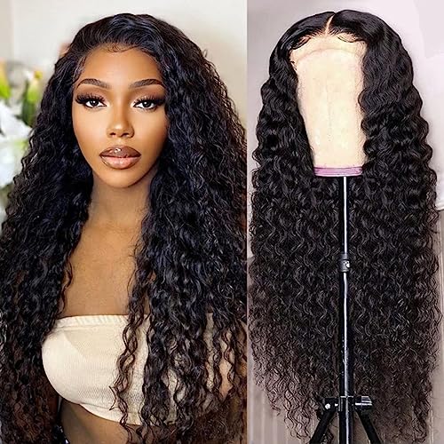 Deep Wave Lace Front Wigs Human Hair 4x4 Hd Lace Closure Wigs for Black Women 24 inch Glueless Deep Curly Wet and Wavy Wig Pre Plucked Bleach Knots with Baby Hair Natural Color