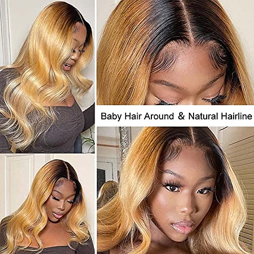 Ombr Lace Front Wigs Dark Roots to Strawberry Blonde Brazilian Natural Wavy Remy Human Hair Wigs Free Part Bleached Knots 13x4 Deep Part 2 Tones Colored Lace Wigs 22¡° 150 Density for Black Women