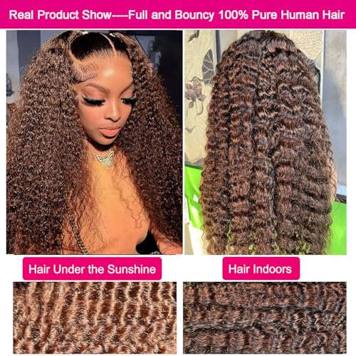 13x6 Deep Wave HD Lace Front Wigs Human Hair 220% Density Chocolate Brown Curly Human Hair Wigs for Women HD Lace Front Wet and Wavy Wigs Pre Plucked Virgin Hair 20inch