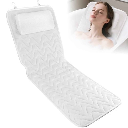 LOOWARTS Full Body Bath Pillow for Tub, Soft Bathtub Pillow for Neck and Back Support, Washable 4D Mesh Bathtub Cushion with 11 Non-Slip Suction Cups, White