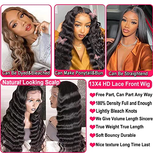 JIETAI 13x4 Loose Deep Wave Curly Lace Front Wig Pre Plucked with Baby Hair 180% Density Curly Human Hair Wigs 10A Wigs for Black Women Glueless Wig (22inch, Natural Color)