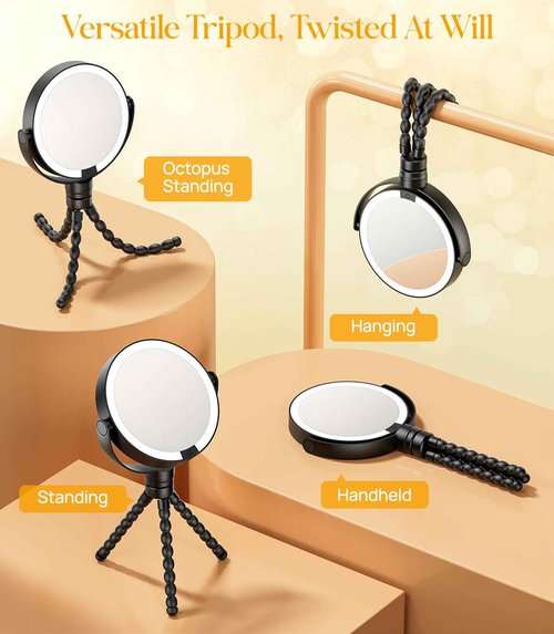 Gospire 5.85” Tripod Travel Makeup Mirror with Lights and Magnification 1X/10X, 4 in 1 Winding Hanging Handheld Tabletop, 3 Light Colors and Adjustable Brightness – Black