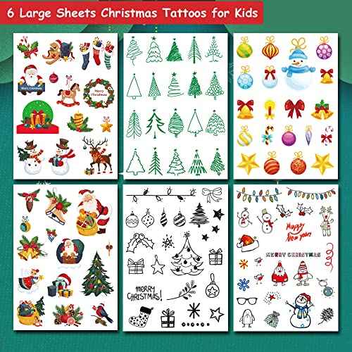 Christmas Temporary Tattoos for Kids - 6 large Sheets Christmas Holiday Fake Tattoos for Girls Boys Xmas Party Gifts Crafts Decoration