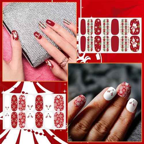 DANNEASY 8 Sheets Christmas Nail Wraps Holiday Nail Polish Stickers Festival Nail Polish Strips for Women Self Adhesive Fingernail Stickers Nails with Nail File, Cuticle Stick