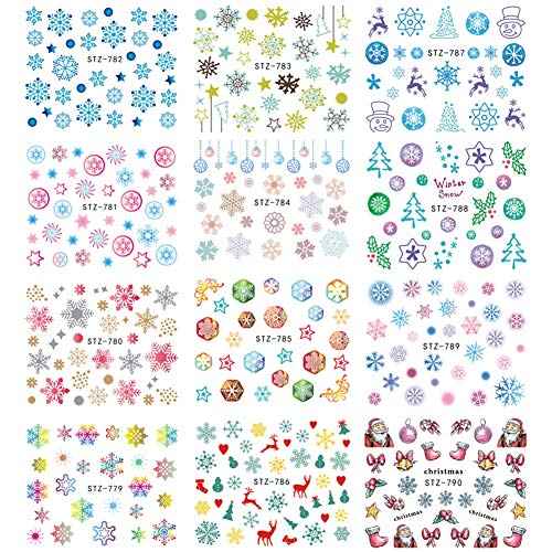 30 Sheets Christmas Nail Art Decals Snowflake Elk Snowman Nail Stickers Holographic Water Transfer Sticker Design for Women Girls Manicure Tips Charms Christmas Decoration Snow Nail Decal Supplies