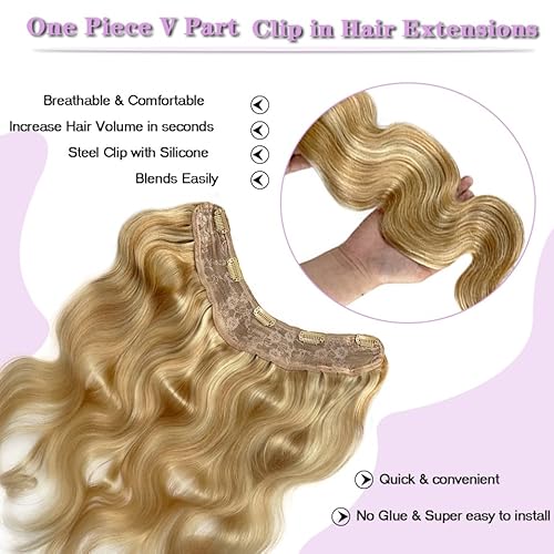 100G Clip in Real Human Hair Extensions - 22Inch Balayage Chestnut Blonde to Platinum Blonde Ombre - 3/4 Full Head One Piece Clip Ins - V Shape Invisible Curly Clip on Hair Extensions