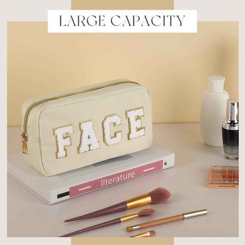 Cunno 4 Pcs Preppy Makeup Bags Chenille Letter Stuff Bag Nylon Cosmetic Pouch Cases with Zipper for Women Travel Toiletry(Cream Color,Soft)